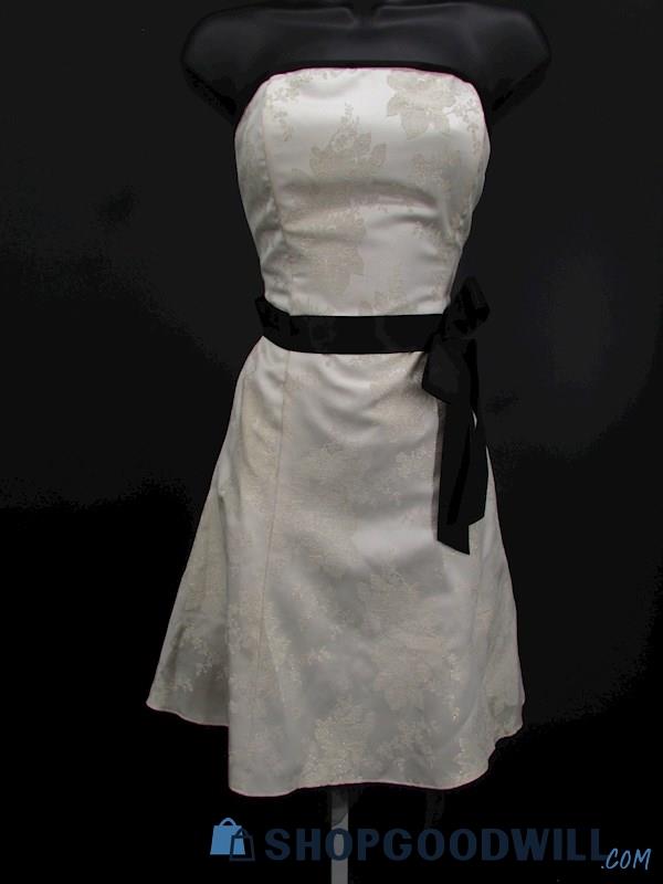 Jessica McClintock Juniors White Black Jacquard Strapless Mini Formal Gown SZ 7