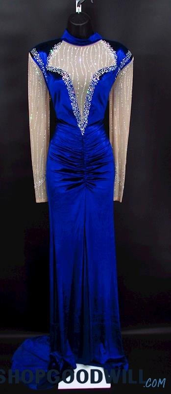 Banjul Women's Royal Blue Velvet Bejeweled Illusion Bodycon Formal Dress SZ M