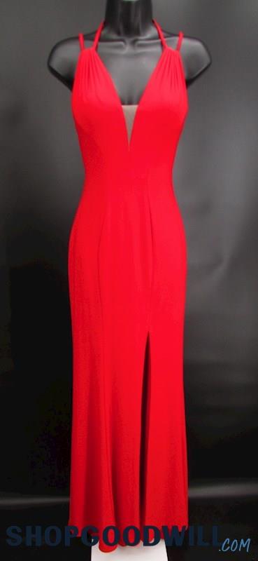 Faviana Women's Red Deep V Neck Open Back Thigh Slit Formal Gown SZ 00