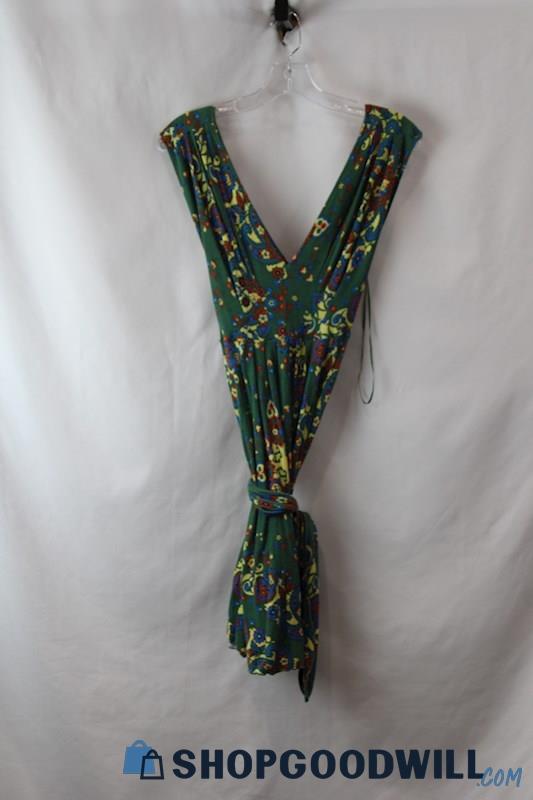 Free People Women's Green Floral Tie Embellished V Neck Dress sz S