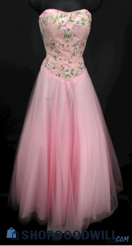 Alyce Designs Women's Pink Embroidered & Beaded Strapless Ballgown SZ 4