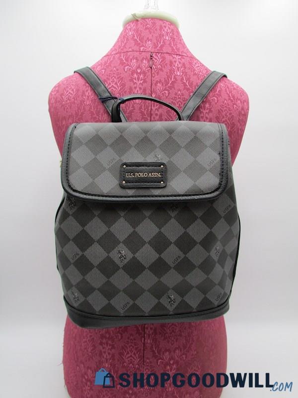 NWT US. Polo ASSN. Black/Grey Diamond Faux Leather Mini Backpack Handbag Purse