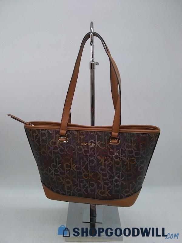 Calvin Klein Brown/ Multicolor Signature Coated Canvas Shoulder Handbag Purse