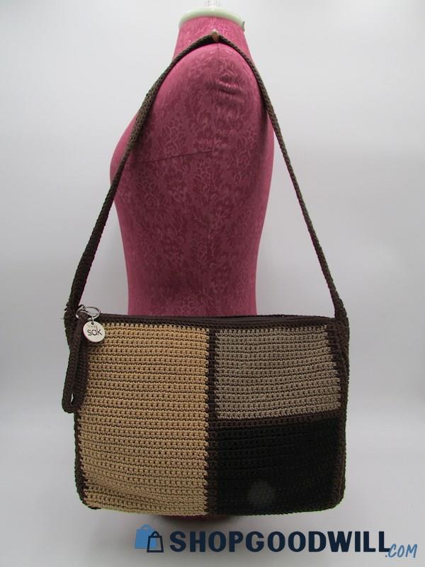 The Sak Neutral Brown Color Block Crocheted Shoulder Handbag Purse