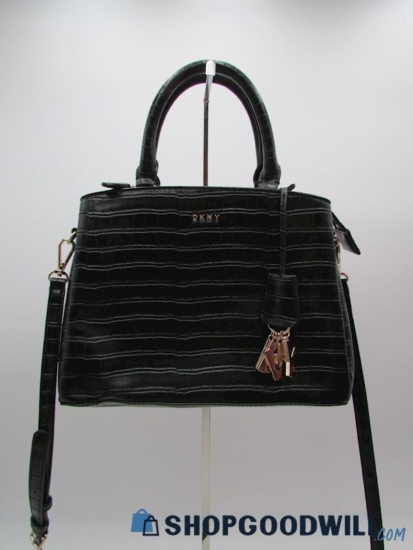 DKNY Paige Black Croc Embossed Faux Leather Satchel Handbag Purse