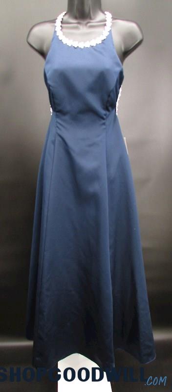 Bari Jay Juniors Navy Blue & Silver Scoop Neck A Line Open Back Formal Gown SZ 1