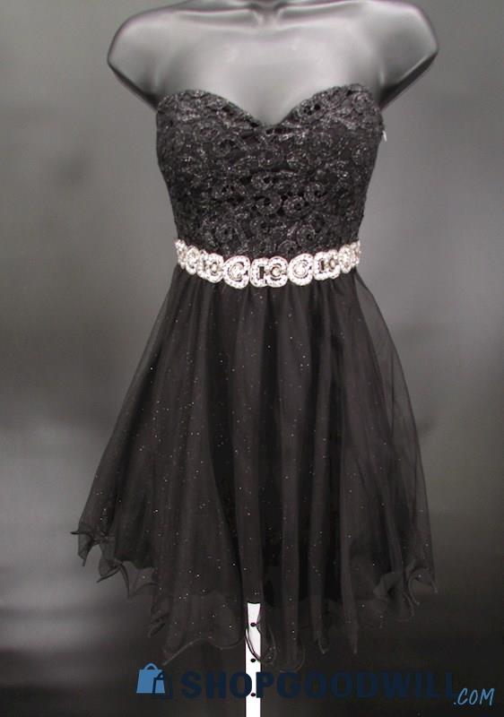 City Studio Juniors Black Lace Beaded Sweetheart Strapless Mini Formal Gown SZ 3