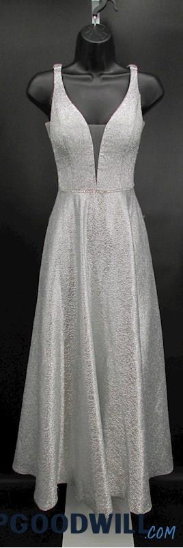 Angelique's Women's Metallic Silver V-Neck A-Line Formal Dress SZ M