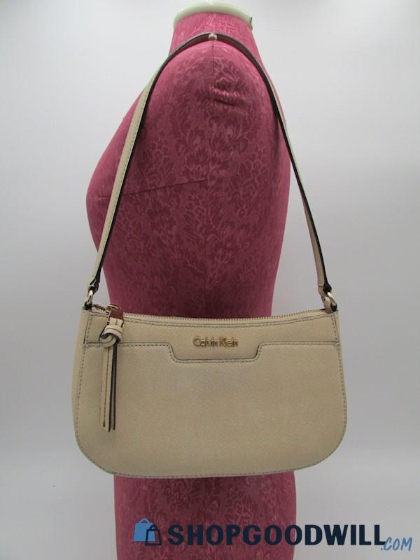 Calvin Klein Josie Beige Faux Saffiano Leather Demi Baguette Handbag Purse