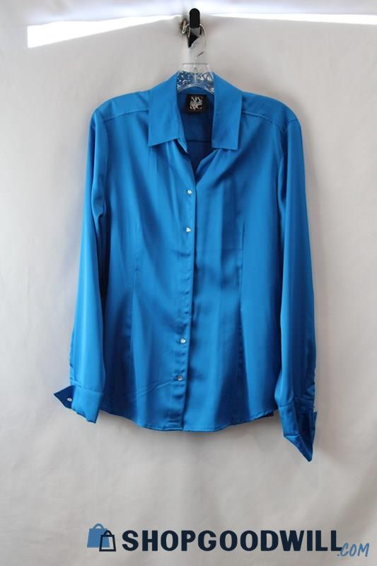 NWT New York & Co Women's Blue Cinched Long Sleeve Button Up Shirt sz L