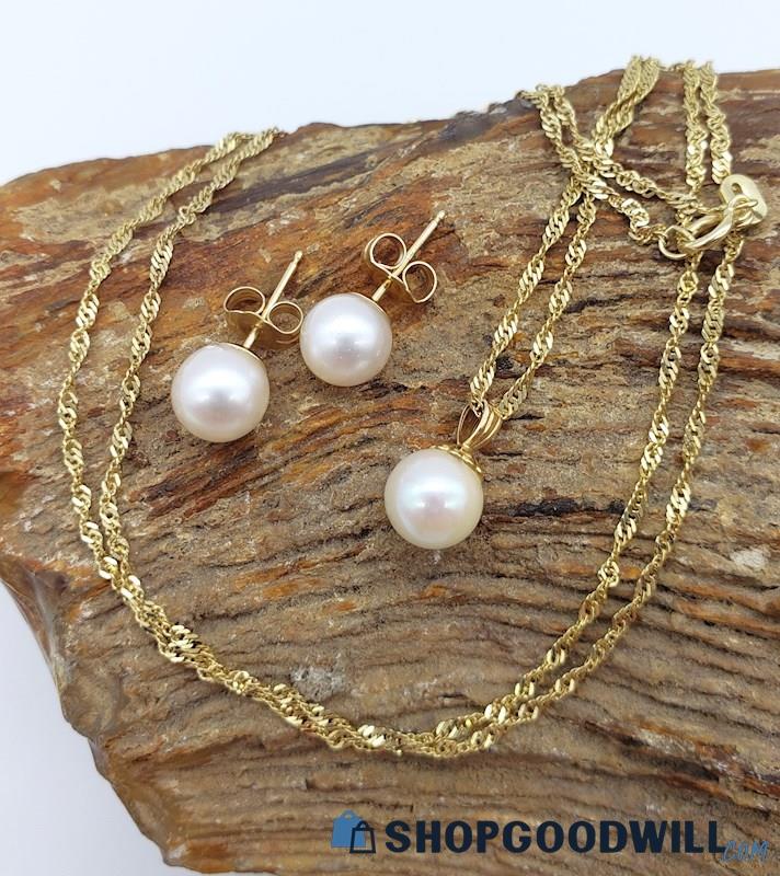 14K Yellow Gold Cultured Pearl Earring and Necklace Set 3.54 grams
