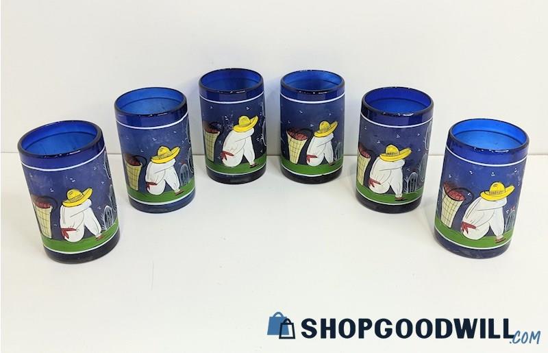 Set of 6 Made in Mexico Hand Painted Cobalt Blue Glassware