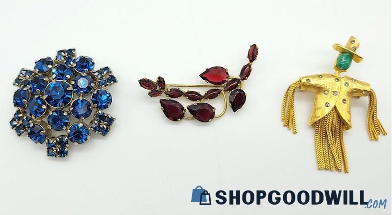 Vintage Rhinestone & Glass Stone Brooches; Unsigned, Czech, & Jeanne