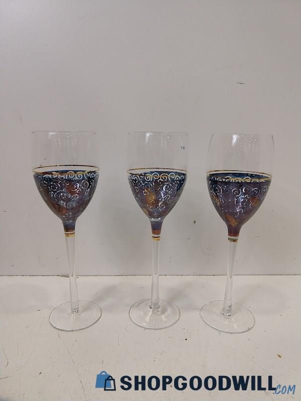 3pc Tall Wine Glasses Blue/Gold Colored Spiral Pattern Glassware UNBRANDED