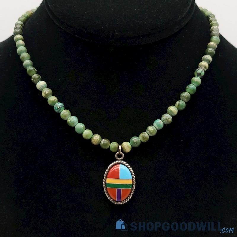 .925 Southwest Style Inlay Pendant & Natural Green Stone Beads Necklace 20.23g