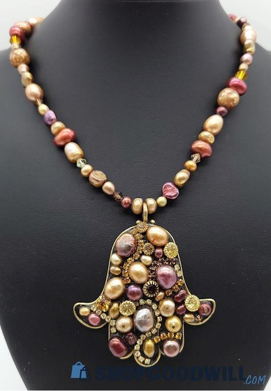 MICHAL GOLAN Autumn Crystals & Cultured Pearls Hamsa Necklace