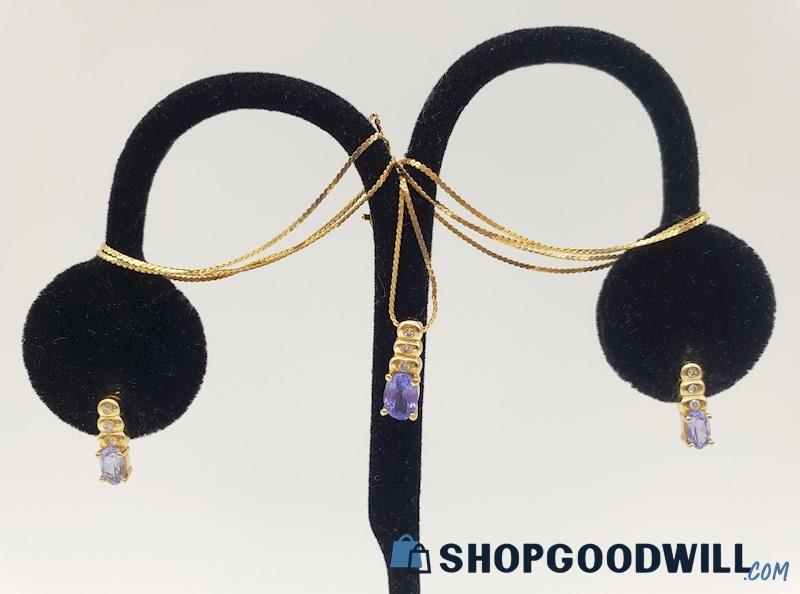 14K Yellow Gold Tanzanite & Diamond Accent Necklace & Earring Set 3.05 grams