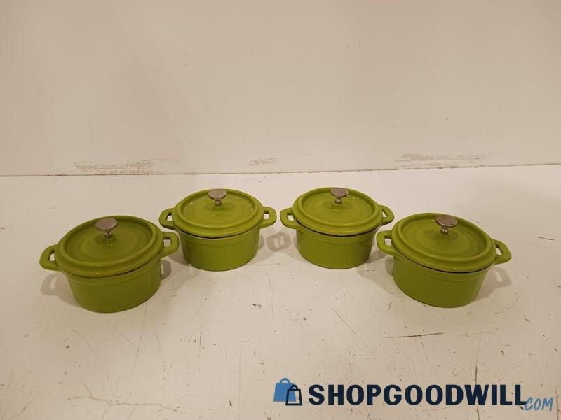 Set Of 4 Wolfgang Green Puck Mini Cast Iron Dutch Oven Pots