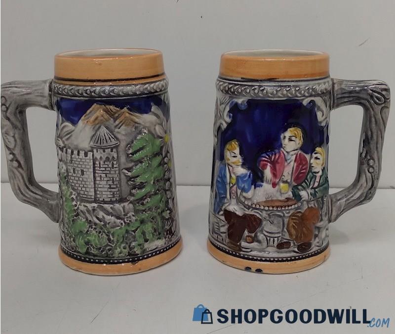 Set of 2 Ceramic Colorful German Style Beer Steins Made in Japan