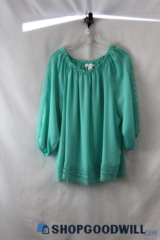 NWT CJ Banks Women's Aqua Long Sleeve Floral Crochet Trim Blouse sz 1X