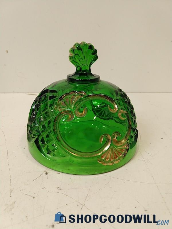 Green Glass Dish Cover Ornate Pattern UNBRANDED Appears Riverside Glass Works 