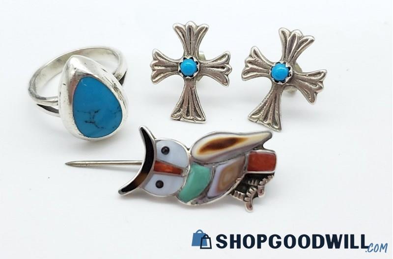 .925 Southwest Style Ring, Brooch, and Earrings 8.88 grams