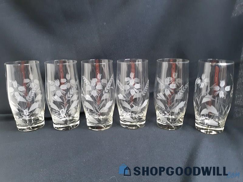 6 Pc. Clear Etched Glass Cups / Tumblers Frosted Glass Floral Design, 5 1/2 In.