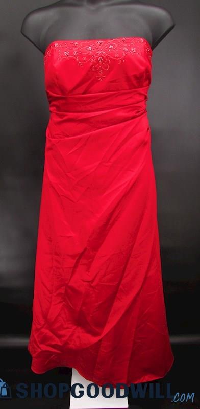 David's Bridal Women's Red Embroidered Strapless Formal Gown SZ 18