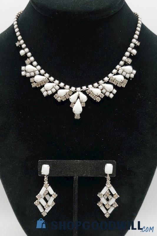 Vintage White Milk Glass & Rhinestone Clip-Back Earring & Necklace Set