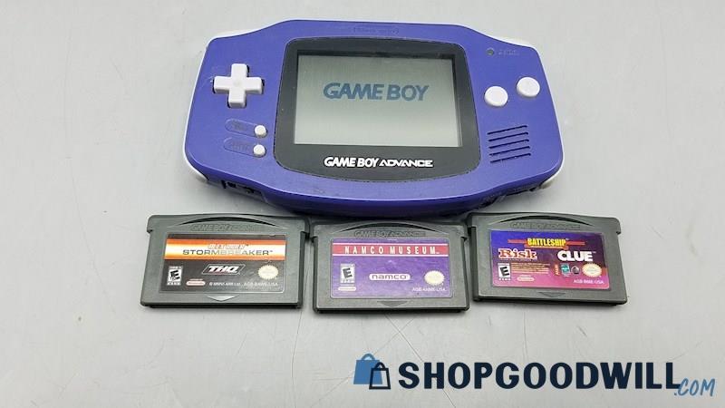  G) Indigo Purple Nintendo GameBoy Advance Handheld w/ 3 Games - Tested