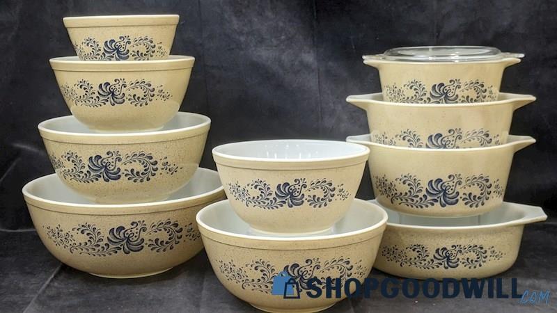 11pcs PYREX Tan Speckled Homestead Mixing Bowls Set & Baking Dish Lot