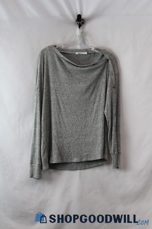 Red Hot Women's Gray Ribbed Asymmetrical Sleeve Button Down Sweater sz L