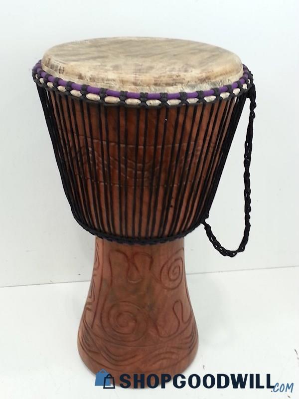 African Djembe Drum Carved Wood Base W/Rawhide Top 24