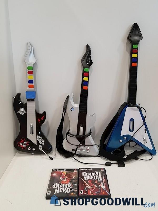 Guitar Hero Wired + Wireless Controllers w/ Games for PS2