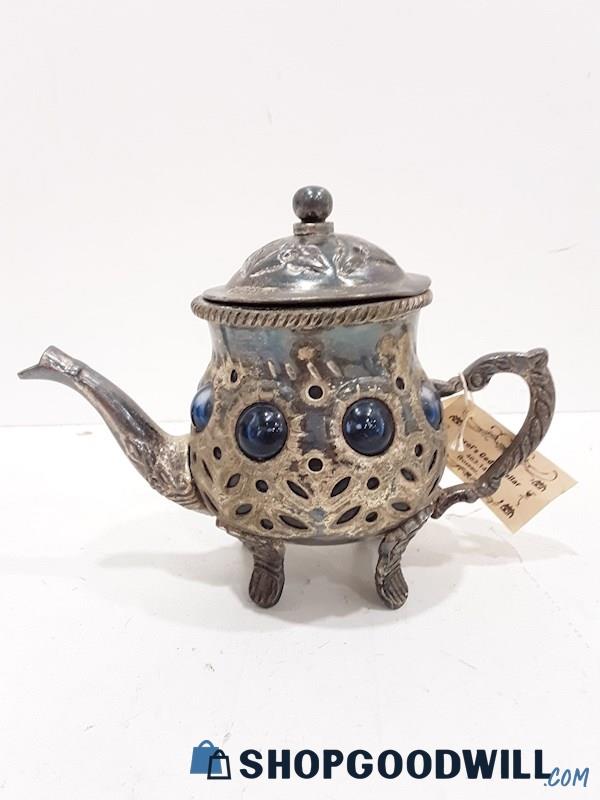 Small Unbranded Metal & Blue Glass Tea Pot 
