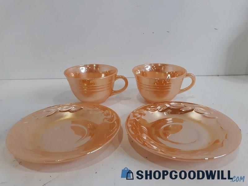 Vintage Fire King Oven Lusterware Orange Carnival Glass Teacup & Plate Set