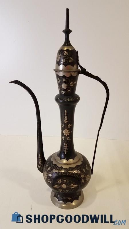 Floral Black/Silvery-Metal Teapot/Coffeepot Approx 18