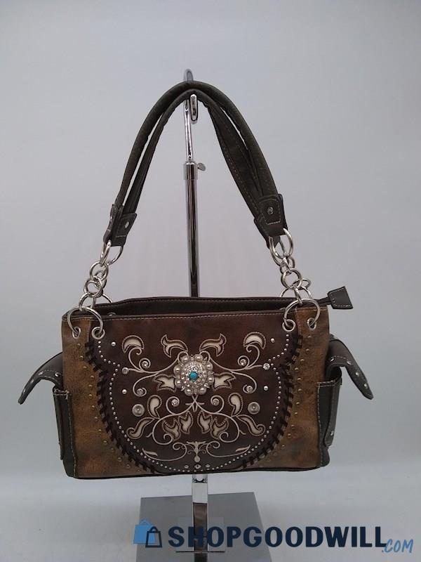 Unbranded Brown Faux Leather w/ Rhinestone Studding Shoulder Handbag Purse  