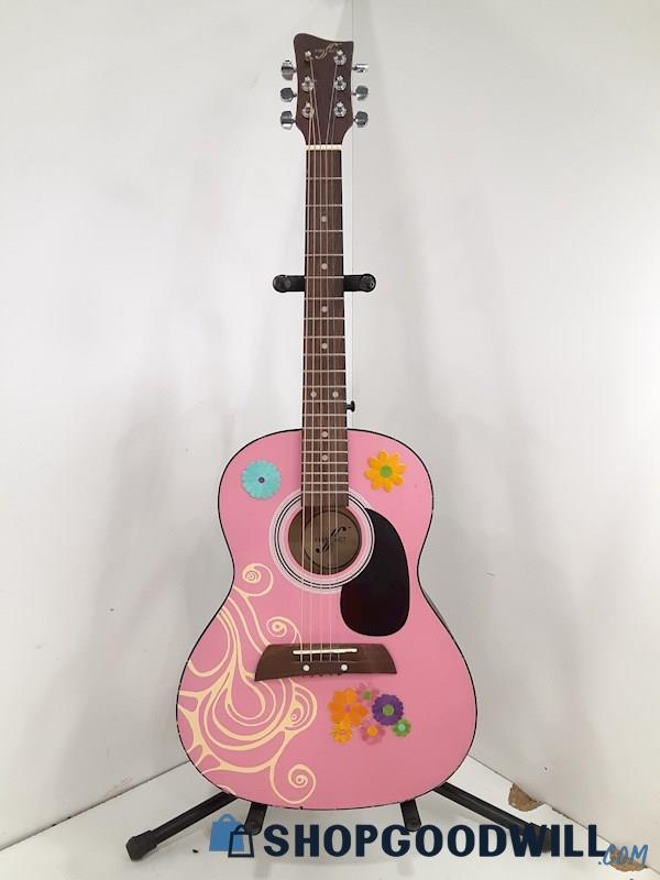 First Act MG372 Acoustic Guitar Pink & Ivory Swirls w/Floral Decor