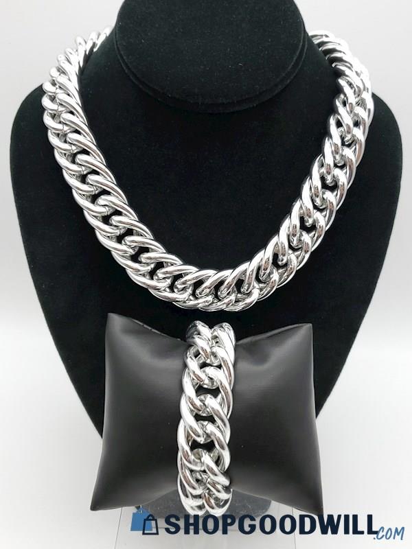 Vintage ANNE KLEIN Chunky Silver-Tone Necklace & Bracelet Set