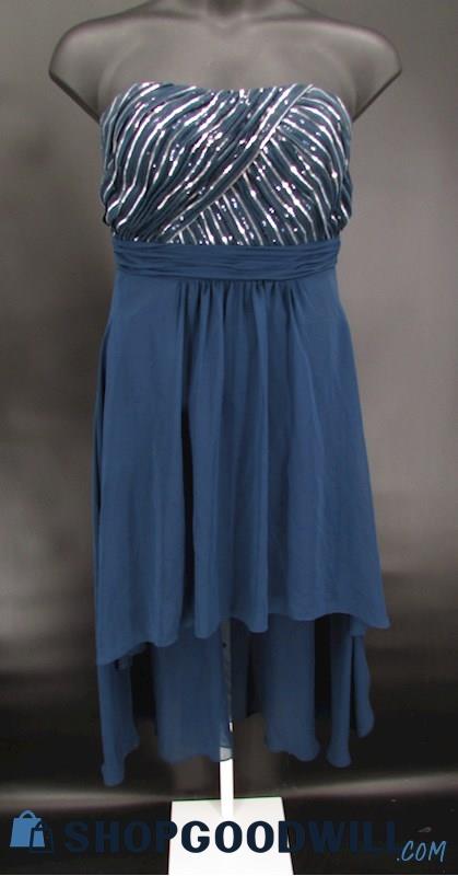 Christina Wu Women's Navy Blue & Silver Sequin High Low Formal Gown SZ 16