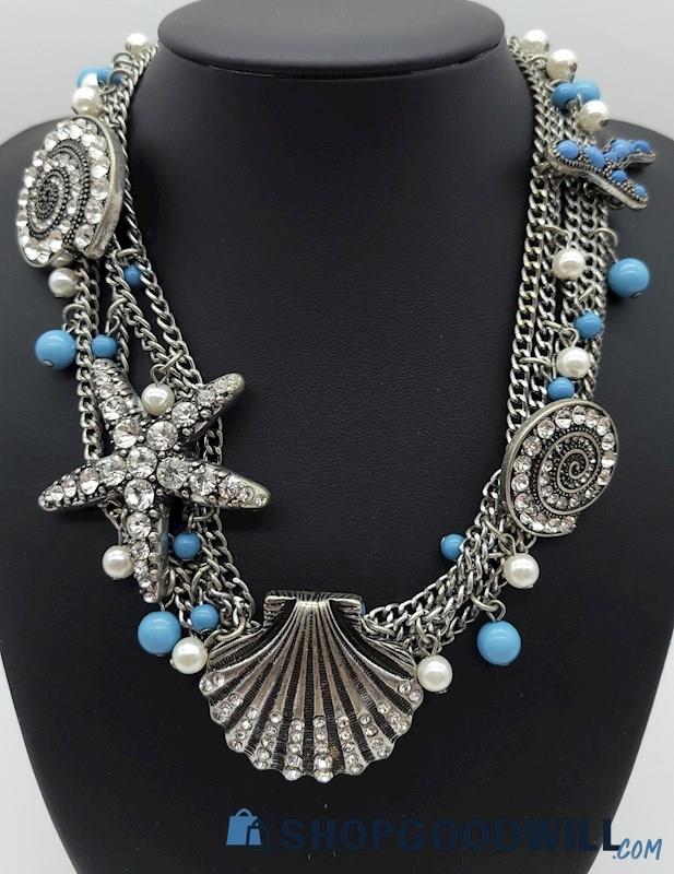 Betsey Johnson Rhinestone & Bead Seashell Necklace 