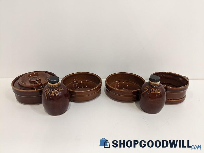6pc. Hull Pottery & Pfaltzgraff USA Brown Dish Set - Salt & Pepper Shaker, Bowls
