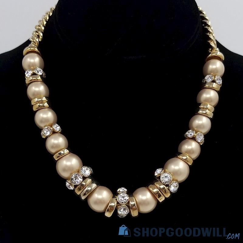 Vintage GIVENCHY Gold-Tone Faux Pearl & Crystal Chunky Necklace
