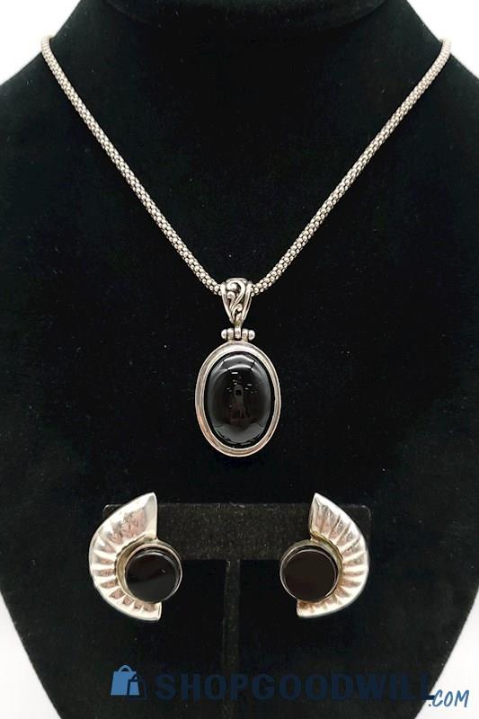 .925 Black Onyx Necklace & Earrings 40.16 Grams
