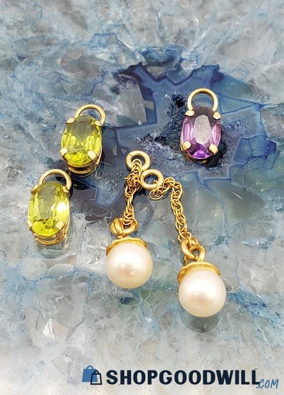 14K Yellow Gold Cultured Pearl, Peridot, Amethyst Charms 1.28 grams