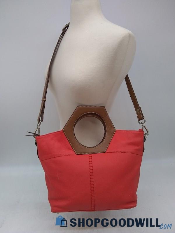 Nino Bossi Dark Peach/ Brown Leather Crossbody Satchel Handbag Purse 
