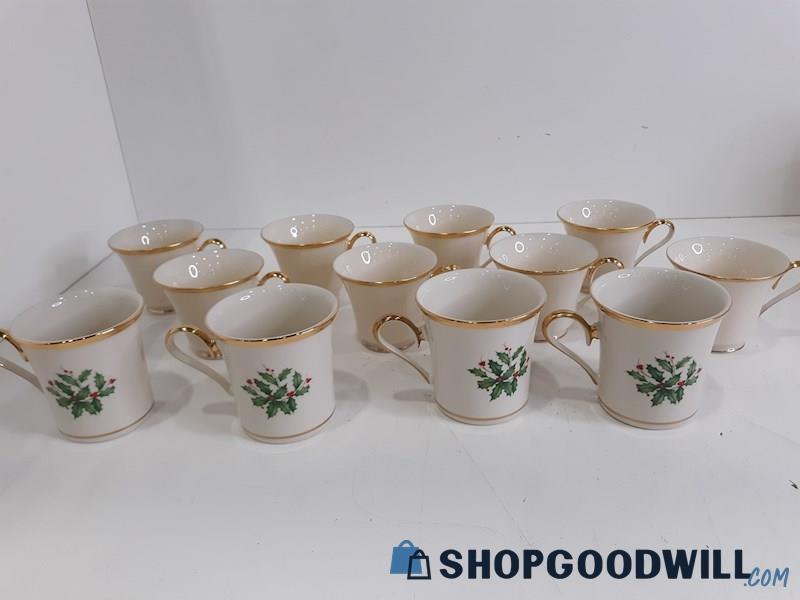 12 Pc. Assorted Lenox China Mugs, Eternal & Holiday Series, Ceramic Gold Toned