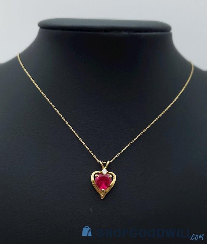 10k Yellow Gold Synthetic Ruby & Cubic Zirconia Heart Necklace 1.52 grams