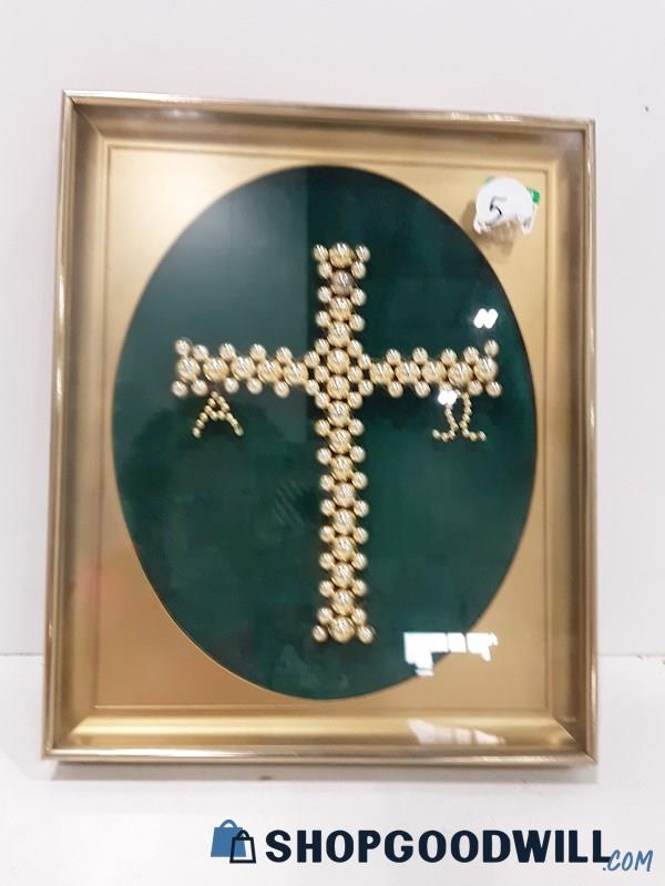 Framed Gold Toned Beaded Cross 